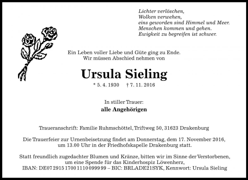 Traueranzeige für Ursula Sieling vom 11.11.2016 aus Die Harke