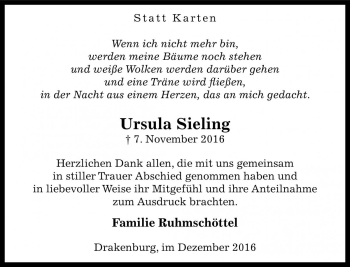 Traueranzeige von Ursula Sieling von Die Harke