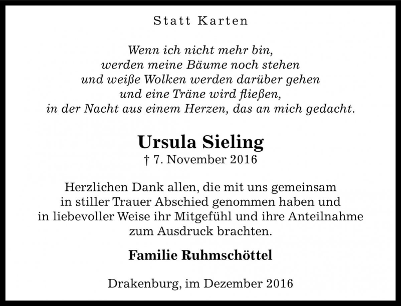  Traueranzeige für Ursula Sieling vom 17.12.2016 aus Die Harke