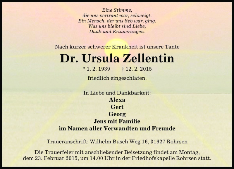  Traueranzeige für Ursula Zellentin vom 18.02.2015 aus Die Harke
