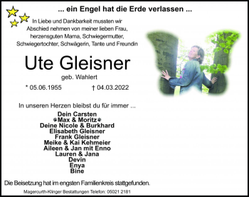 Traueranzeige von Ute Gleisner von Die Harke