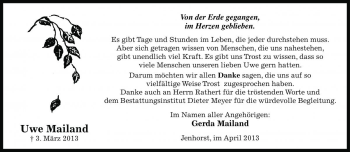 Traueranzeige von Uwe Mailand von Die Harke