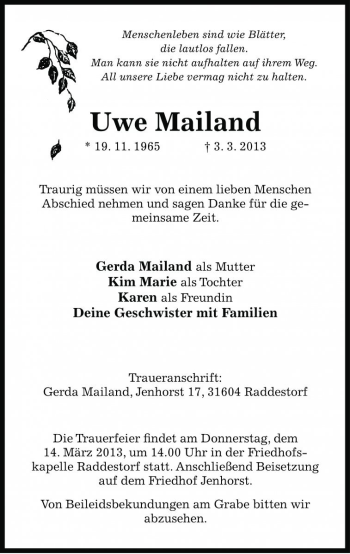 Traueranzeige von Uwe Mailand von Die Harke