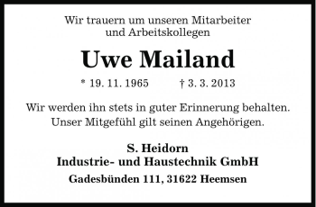 Traueranzeige von Uwe Mailand von Die Harke
