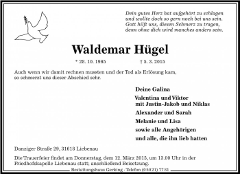 Traueranzeige von Waldemar Hügel von Die Harke