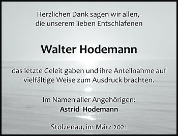 Traueranzeige von Walter Hodemann von Die Harke