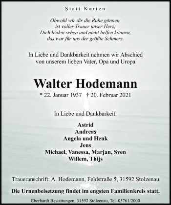 Traueranzeige von Walter Hodemann von Die Harke