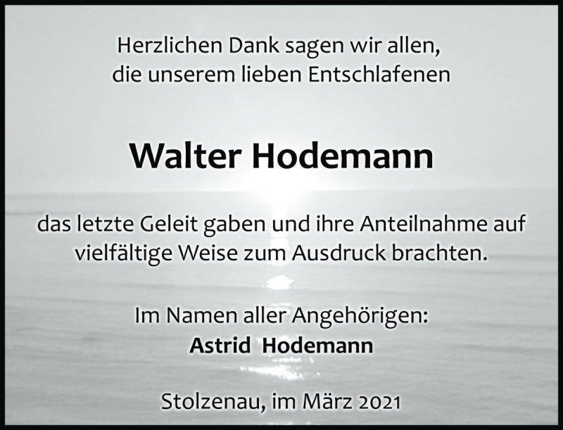  Traueranzeige für Walter Hodemann vom 22.03.2021 aus Die Harke