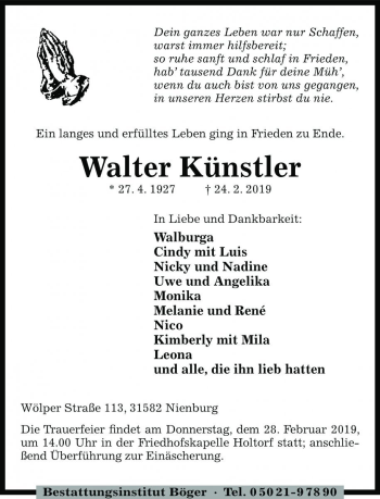 Traueranzeige von Walter Künstler von Die Harke