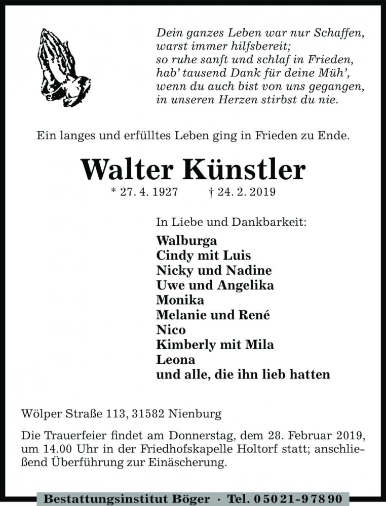  Traueranzeige für Walter Künstler vom 26.02.2019 aus Die Harke