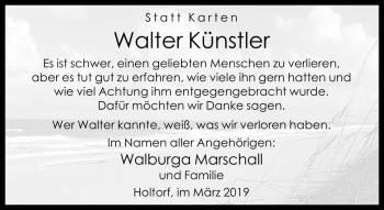 Traueranzeige von Walter Künstler von Die Harke