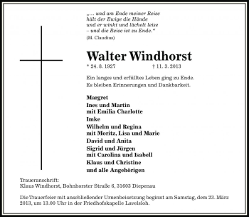 Traueranzeige von Walter Windhorst von Die Harke