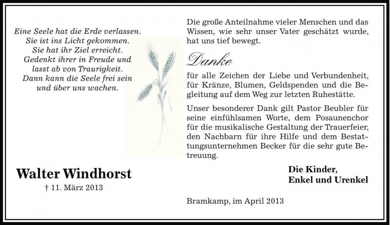  Traueranzeige für Walter Windhorst vom 26.04.2013 aus Die Harke