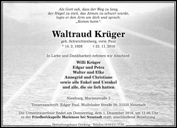 Traueranzeige von Waltraud Krüger von Die Harke