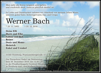 Traueranzeige von Werner Bach von Die Harke