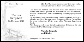 Traueranzeige von Werner Bergholz von Die Harke