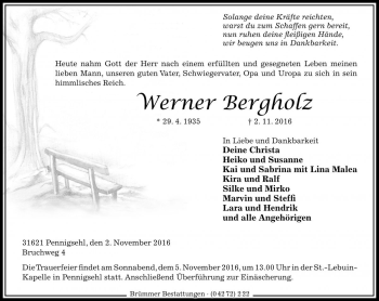 Traueranzeige von Werner Bergholz von Die Harke