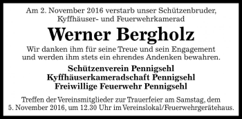 Traueranzeige von Werner Bergholz von Die Harke