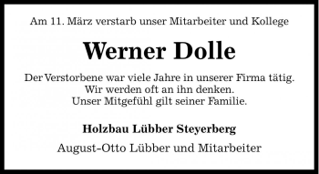 Traueranzeige von Werner Dolle von Die Harke