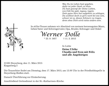 Traueranzeige von Werner Dolle von Die Harke