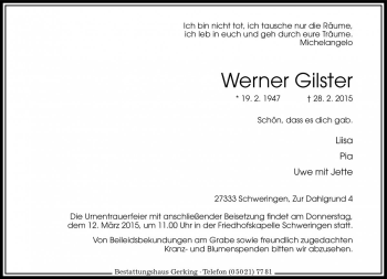 Traueranzeige von Werner Gilster von Die Harke