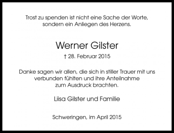 Traueranzeige von Werner Gilster von Die Harke