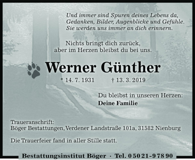  Traueranzeige für Werner Günther vom 30.03.2019 aus Die Harke