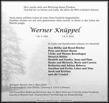 Traueranzeige von Werner Knüppel von Die Harke