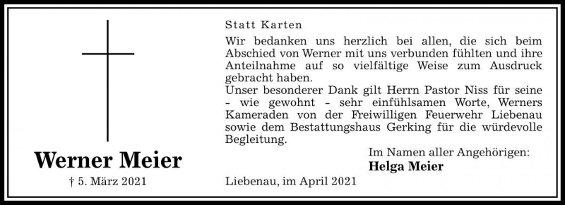  Traueranzeige für Werner Meier vom 17.04.2021 aus Die Harke