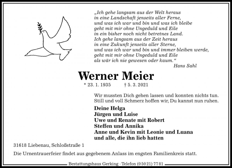  Traueranzeige für Werner Meier vom 13.03.2021 aus Die Harke