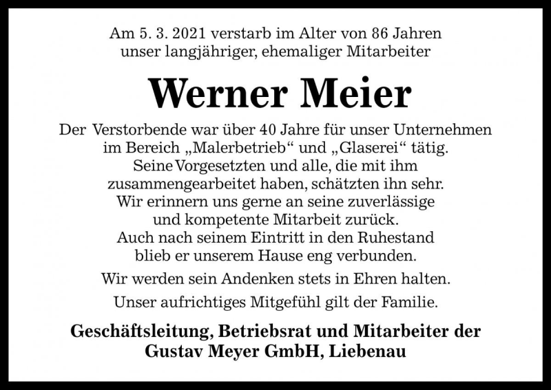  Traueranzeige für Werner Meier vom 13.03.2021 aus Die Harke