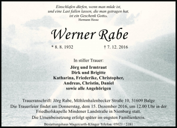 Traueranzeige von Werner Rabe von Die Harke