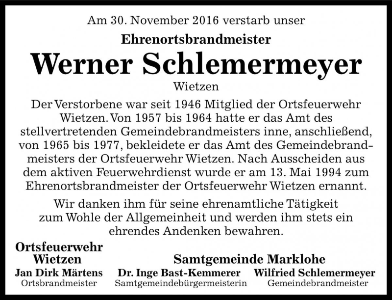  Traueranzeige für Werner Schlemermeyer vom 03.12.2016 aus Die Harke
