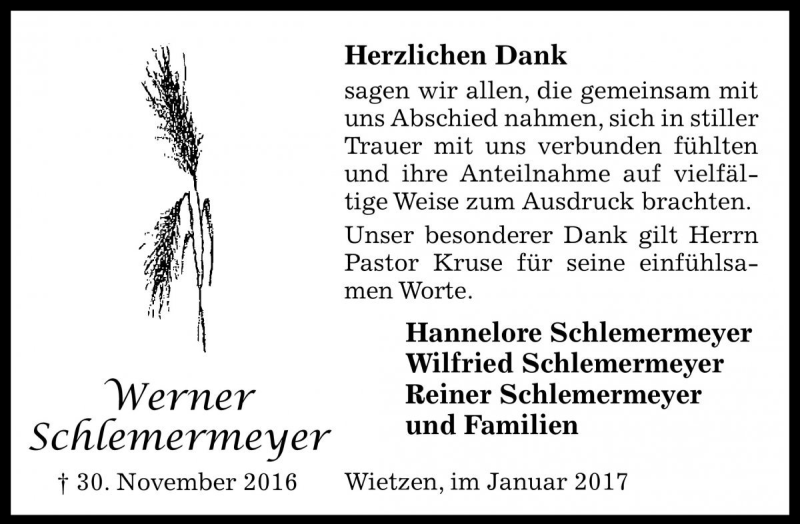  Traueranzeige für Werner Schlemermeyer vom 07.01.2017 aus Die Harke