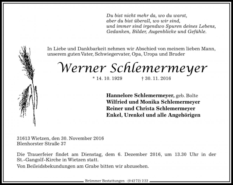  Traueranzeige für Werner Schlemermeyer vom 02.12.2016 aus Die Harke