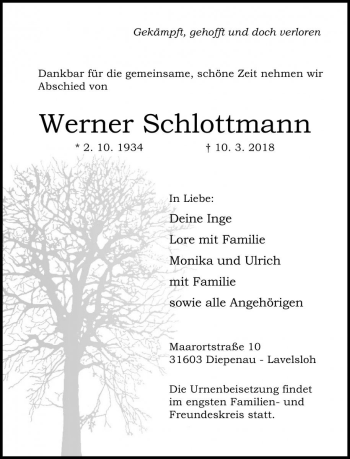 Traueranzeige von Werner Schlottmann von Die Harke