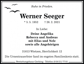 Traueranzeige von Werner Seeger von Die Harke