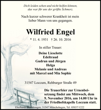 Traueranzeige von Wilfried Engel von Die Harke