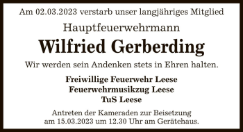 Traueranzeige von Wilfried Gerberding von Die Harke