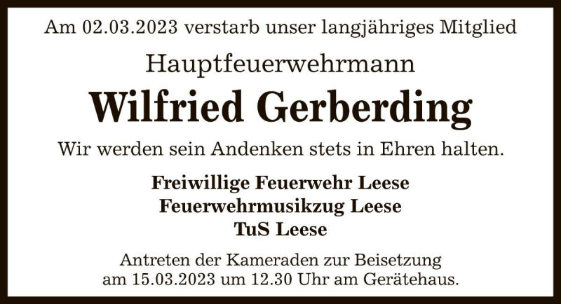  Traueranzeige für Wilfried Gerberding vom 11.03.2023 aus Die Harke