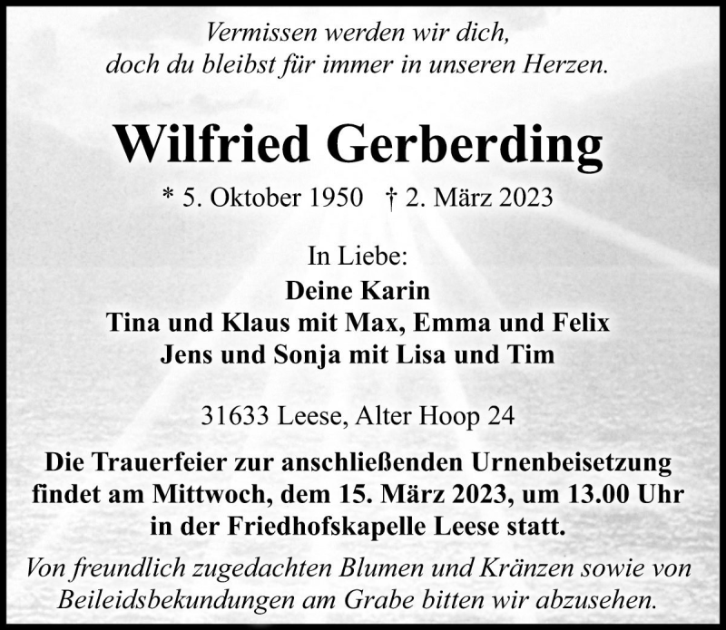  Traueranzeige für Wilfried Gerberding vom 10.03.2023 aus Die Harke