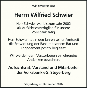 Traueranzeige von Wilfried Schwier von Die Harke
