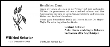 Traueranzeige von Wilfried Schwier von Die Harke