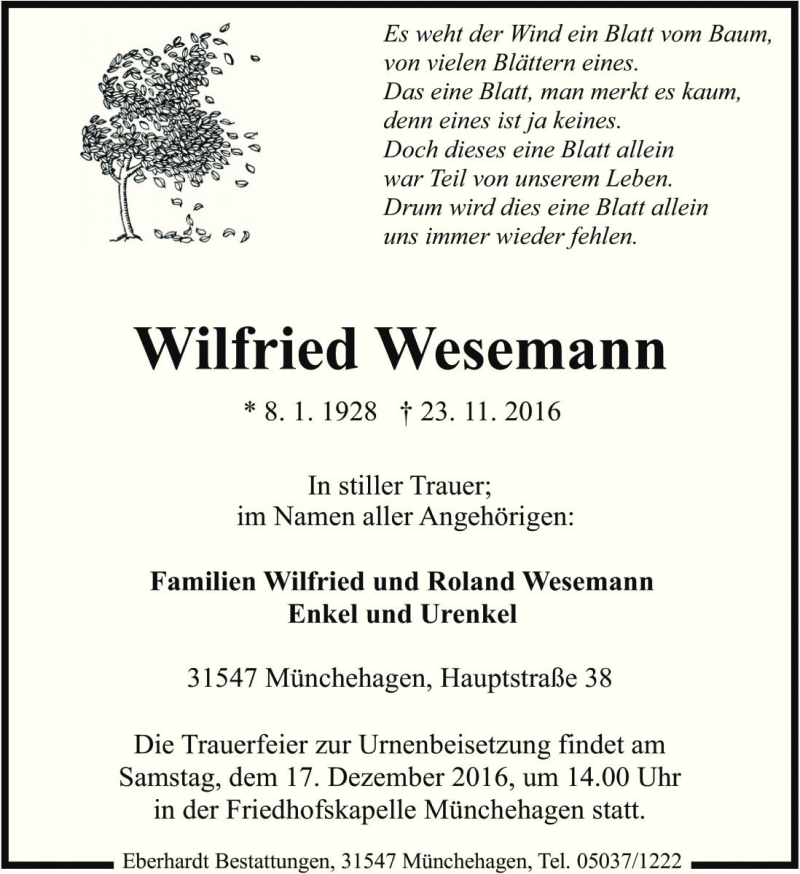  Traueranzeige für Wilfried Wesemann vom 10.12.2016 aus Die Harke