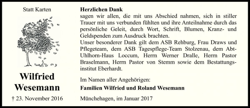 Traueranzeige für Wilfried Wesemann vom 21.01.2017 aus Die Harke