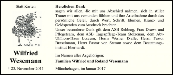 Traueranzeige von Wilfried Wesemann von Die Harke