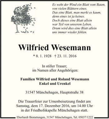 Traueranzeige von Wilfried Wesemann von Die Harke