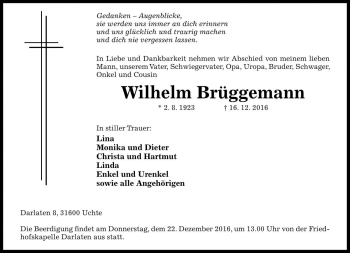 Traueranzeige von Wilhelm Brüggemann von Die Harke