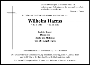 Traueranzeige von Wilhelm Harms von Die Harke