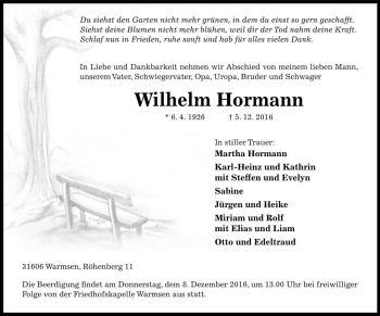 Traueranzeige von Wilhelm Hormann von Die Harke